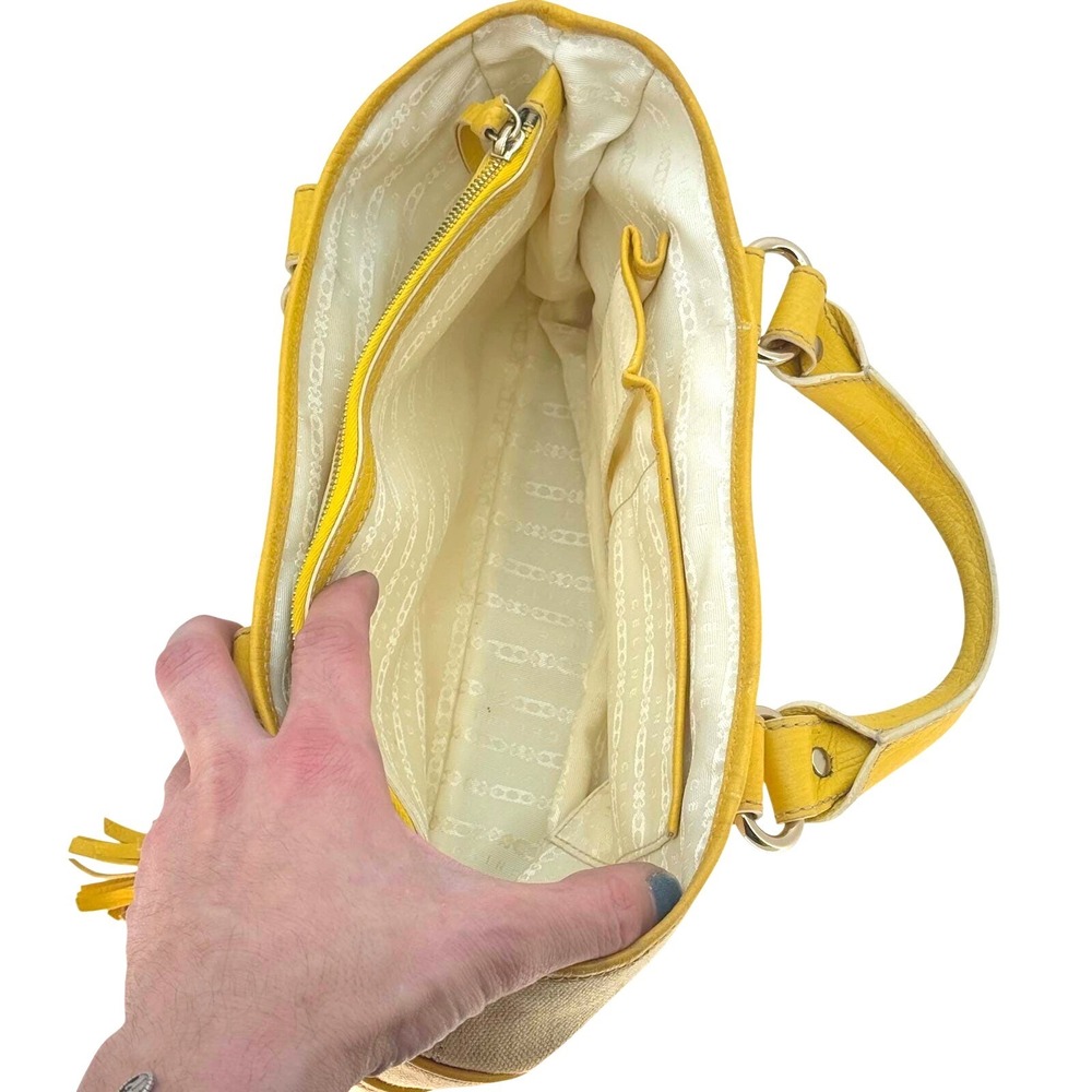 Celine Boogie Bag Beige Canvas Yellow Leather Trim Tassel Satchel Handbag - Picture 11 of 11
